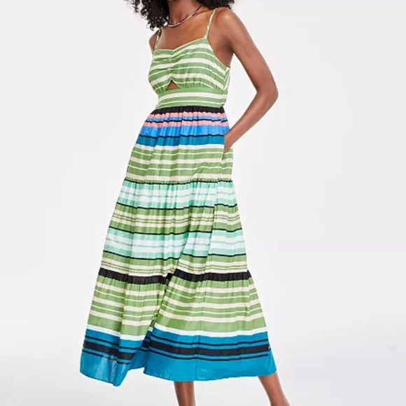 On 34th Macys Women's Sleeveless Cutout‎ Maxi Dress Green Blue Stripes Large L - Picture 1 of 8
